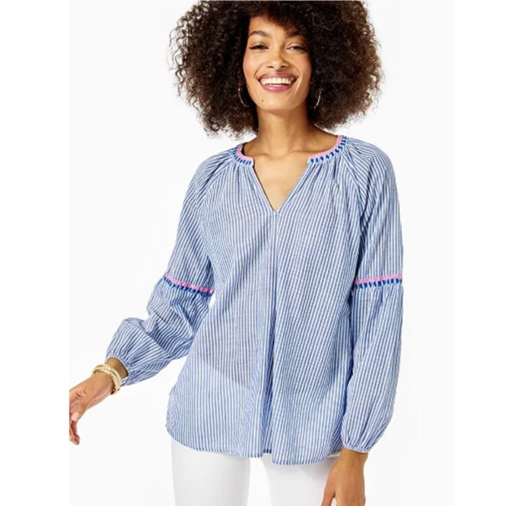 LILLY PULITZER Taelynn Striped Top In Coastal Blue Ltwt Oxford XS A006802